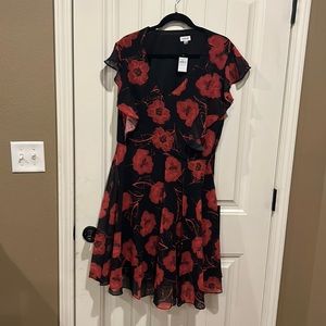 Red & black floral print fit & flare dress with ruffle cap sleeves size 18